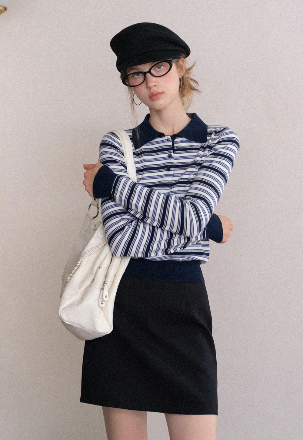 Womens Striped Knit Polo Sweater Long Sleeve