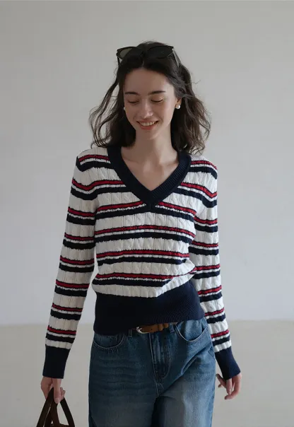 Women’s V-Neck Striped Knit Sweater