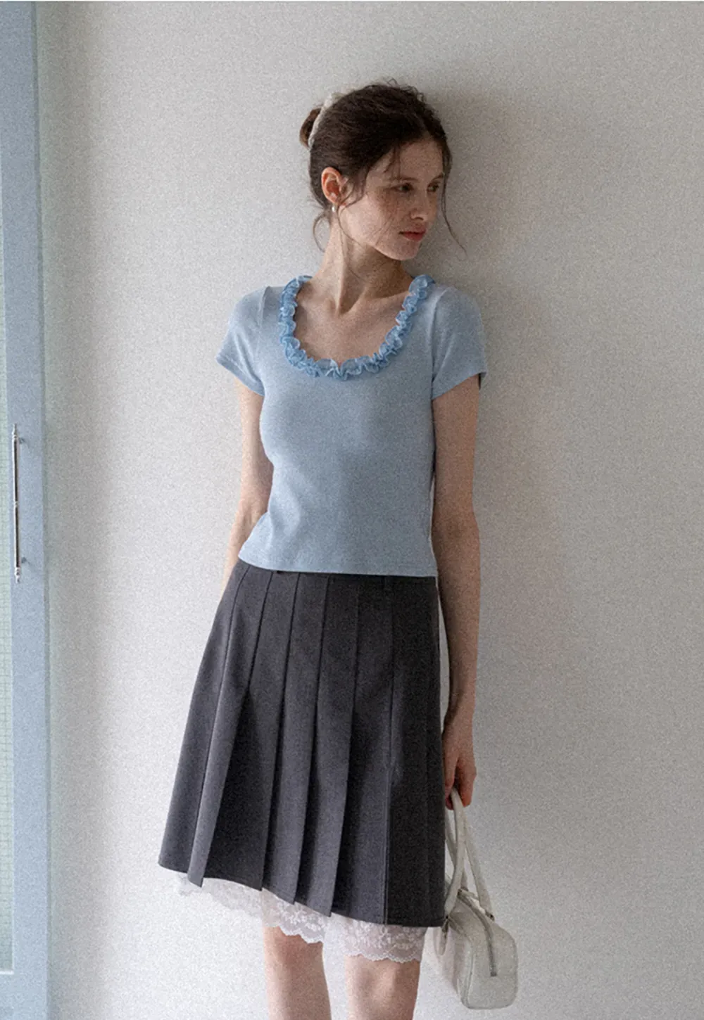 Pleated Mini Skirt with Lace Trim