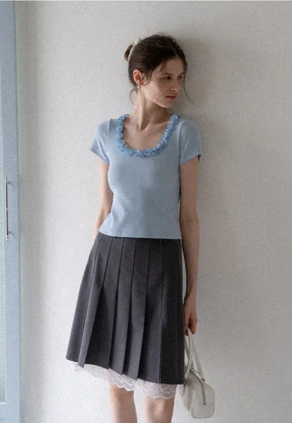 Pleated Mini Skirt with Lace Trim