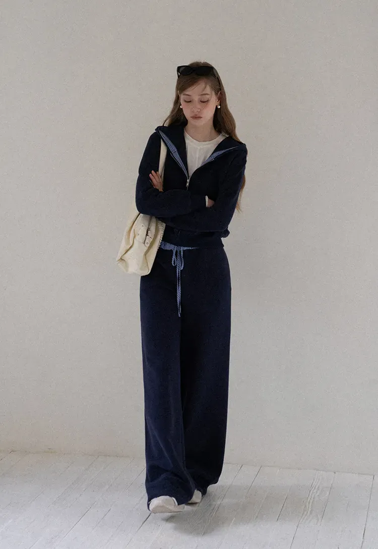 Navy Casual Hoodie and Wide Leg Pants Set