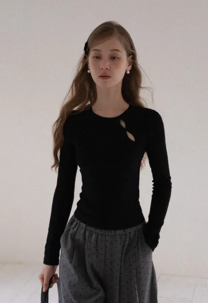 Women Cut Out Long Sleeve Top Slim Fit Basic T Shirt