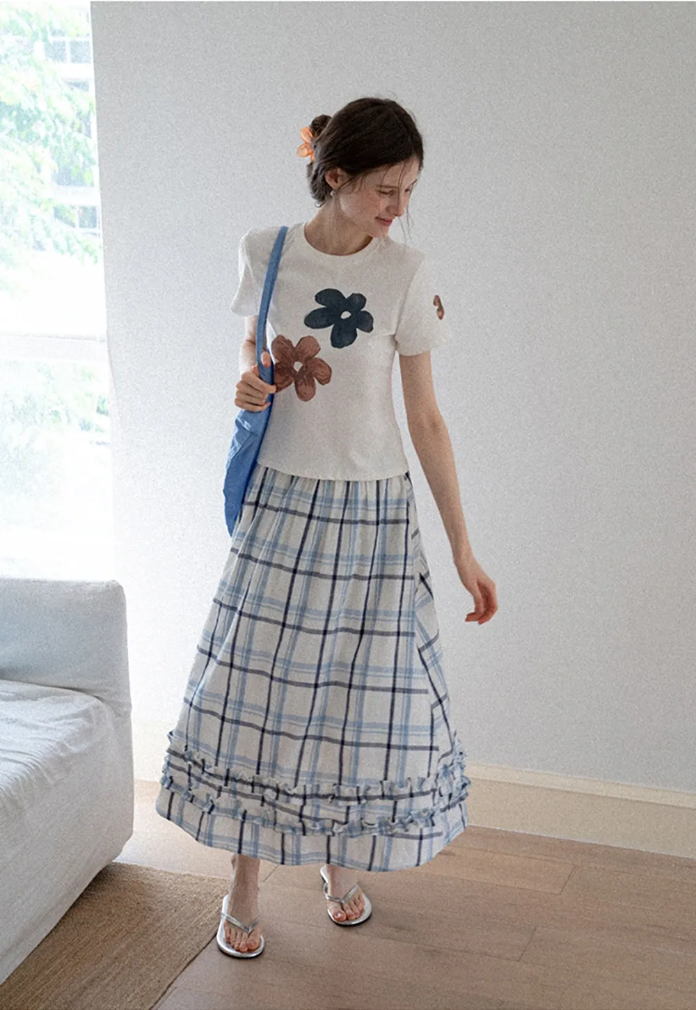 Blue-Check Ruffled Hem Midi Skirt