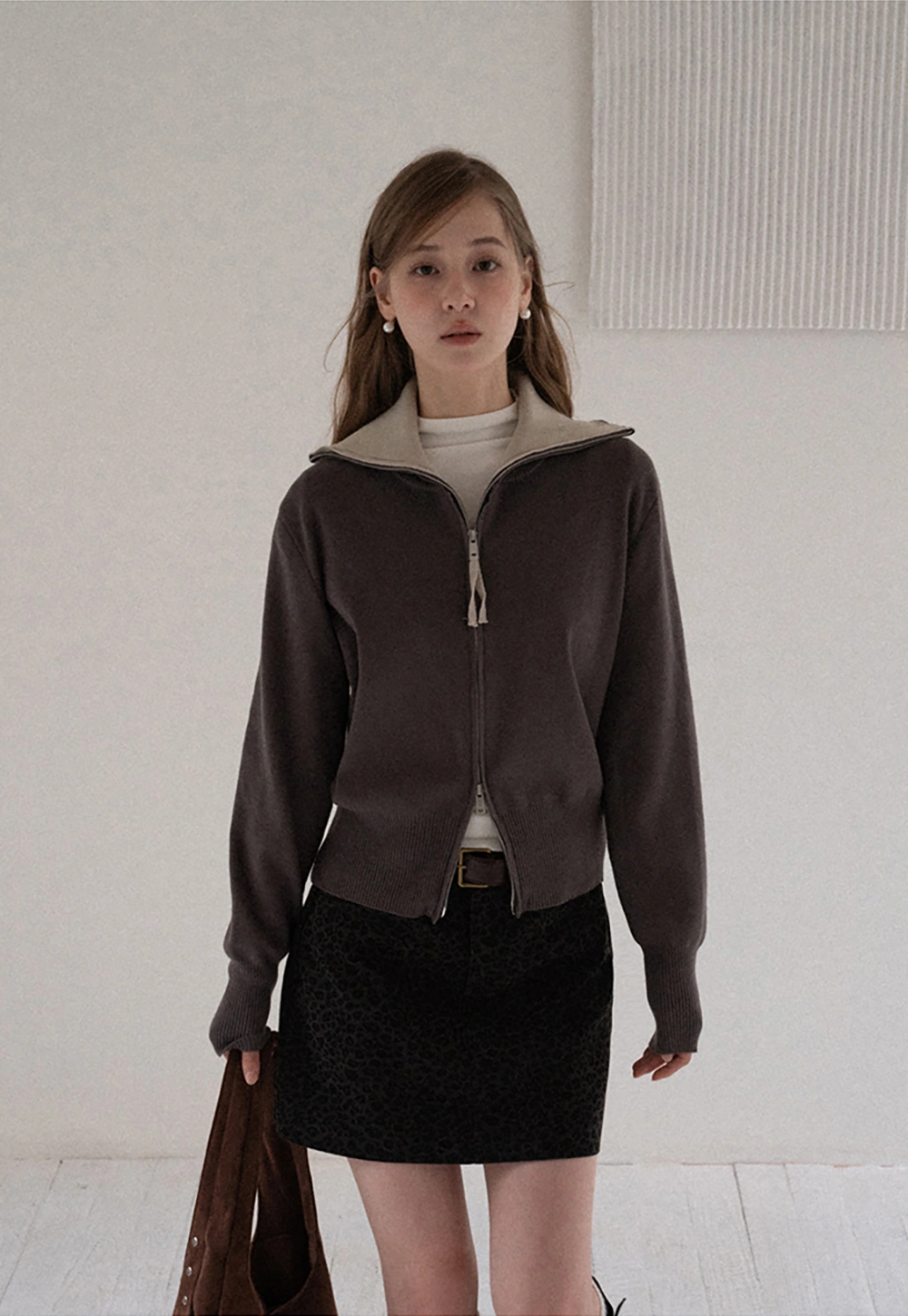 Women’s Zip-Up Knit Cardigan with High Collar