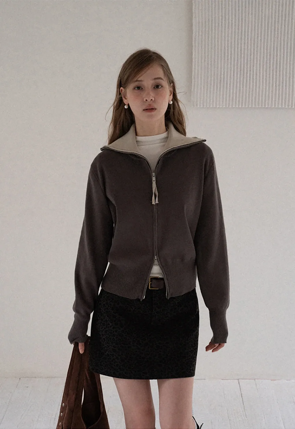 Women’s Zip-Up Knit Cardigan with High Collar