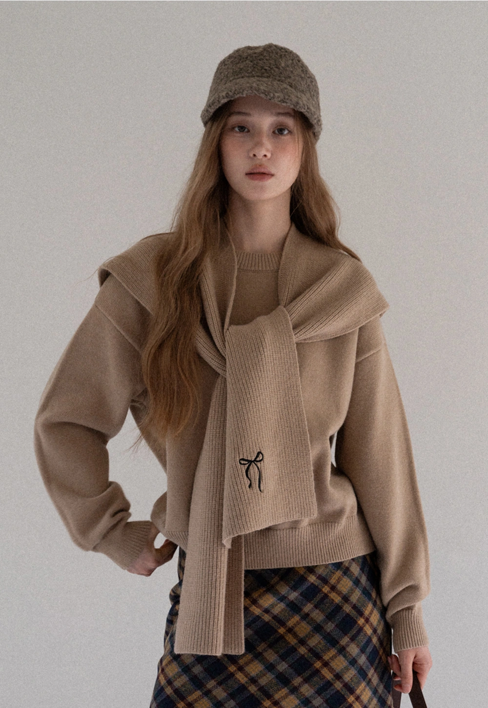 Women Faux Layered Sweater with Scarf Collar