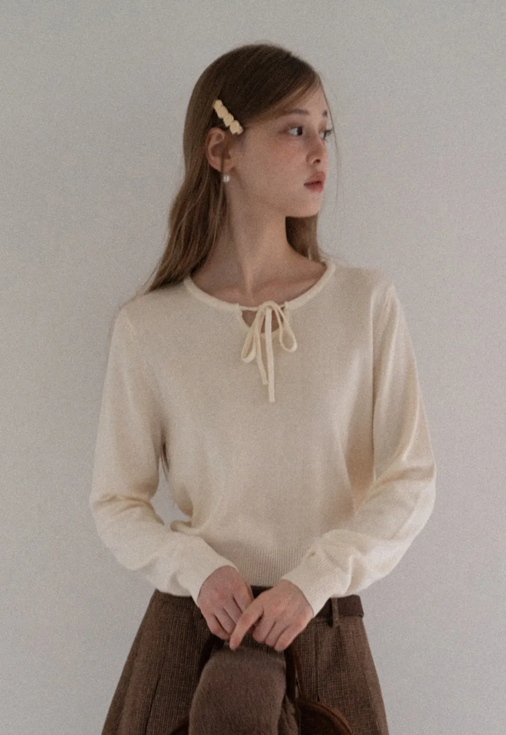 Women Sweet Style Bow Tie Long Sleeve Knitwear