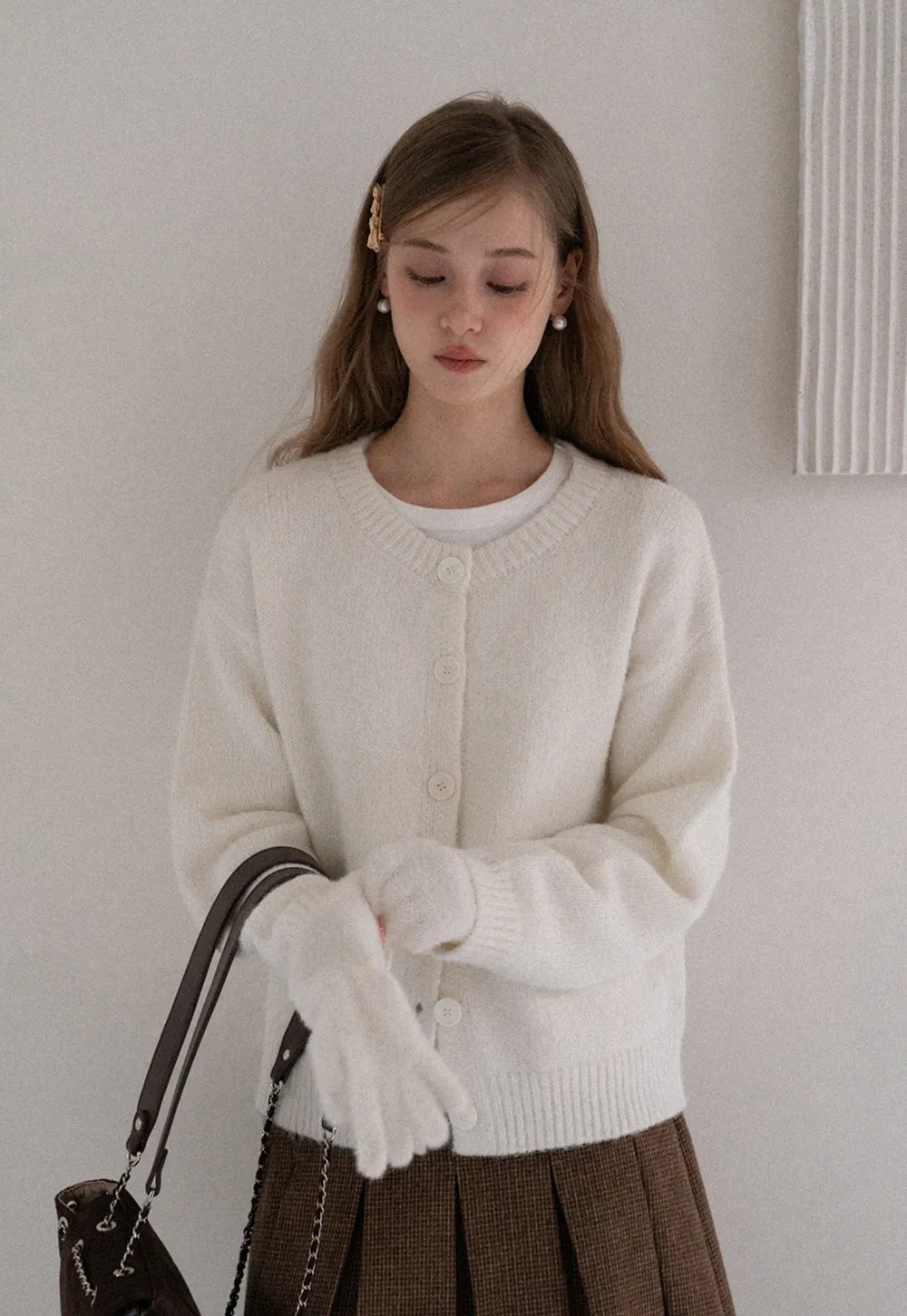 Women Basic Cream Knit Cardigan Casual Warm Sweater