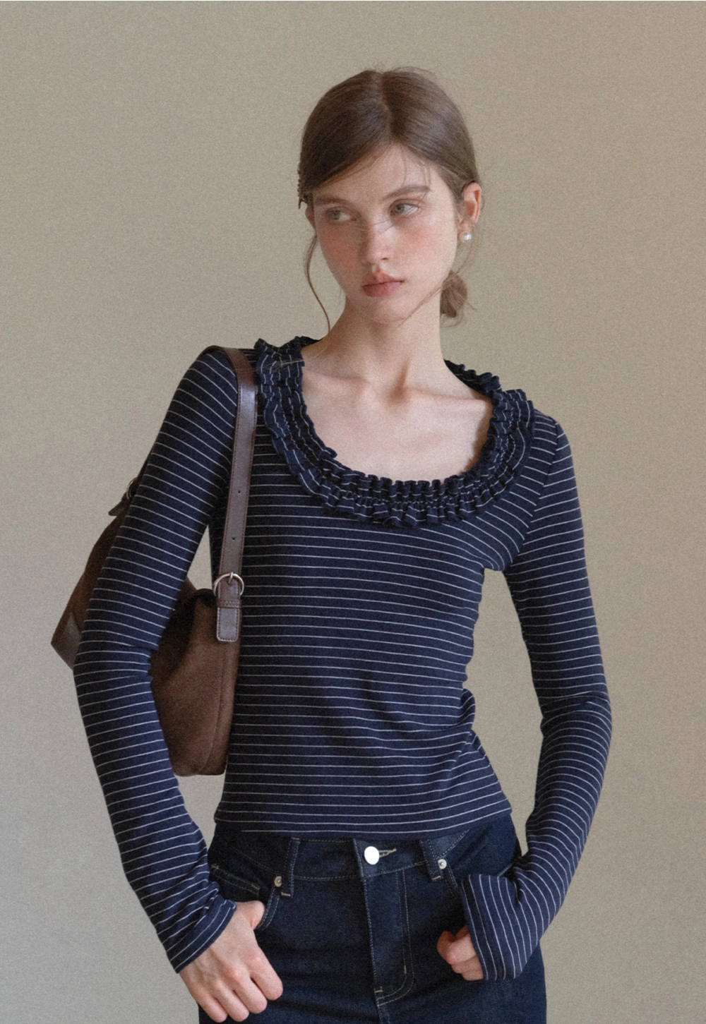 Women Striped Long Sleeve Tee with Ruffled Neckline