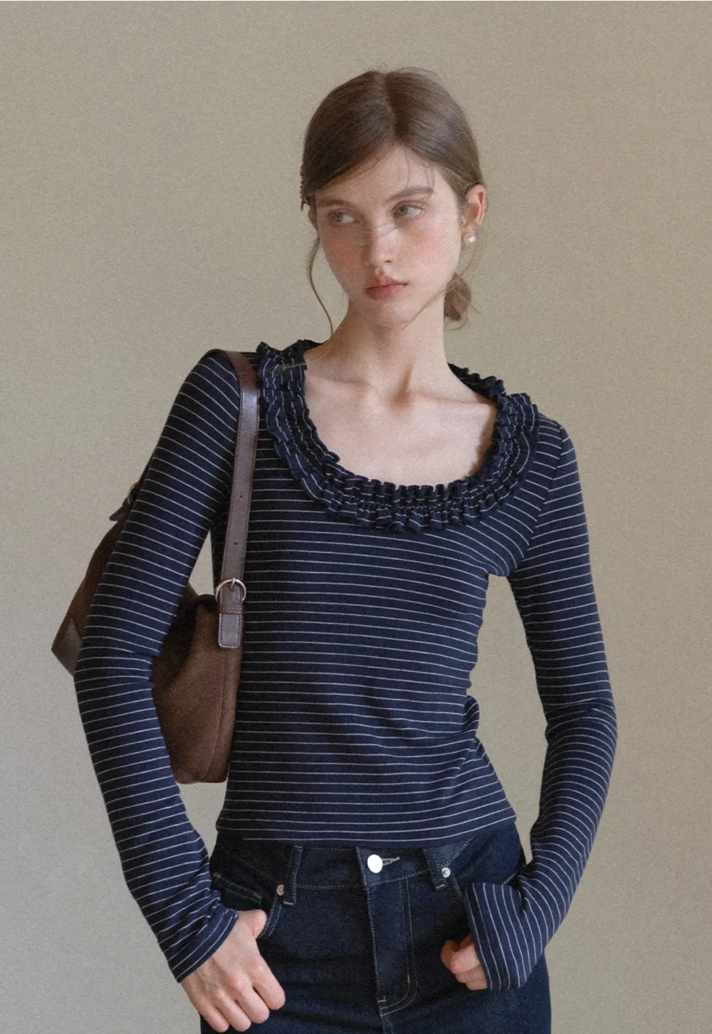 Women Striped Long Sleeve Tee with Ruffled Neckline