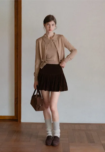 Women Velvet Bubble Hem Mini Skirt High Waist