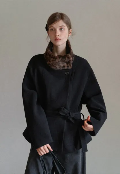 Faux Fur Trim Belted Wool Coat