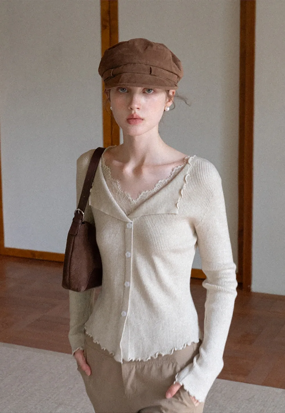 Lace Trim Ribbed Knit Top