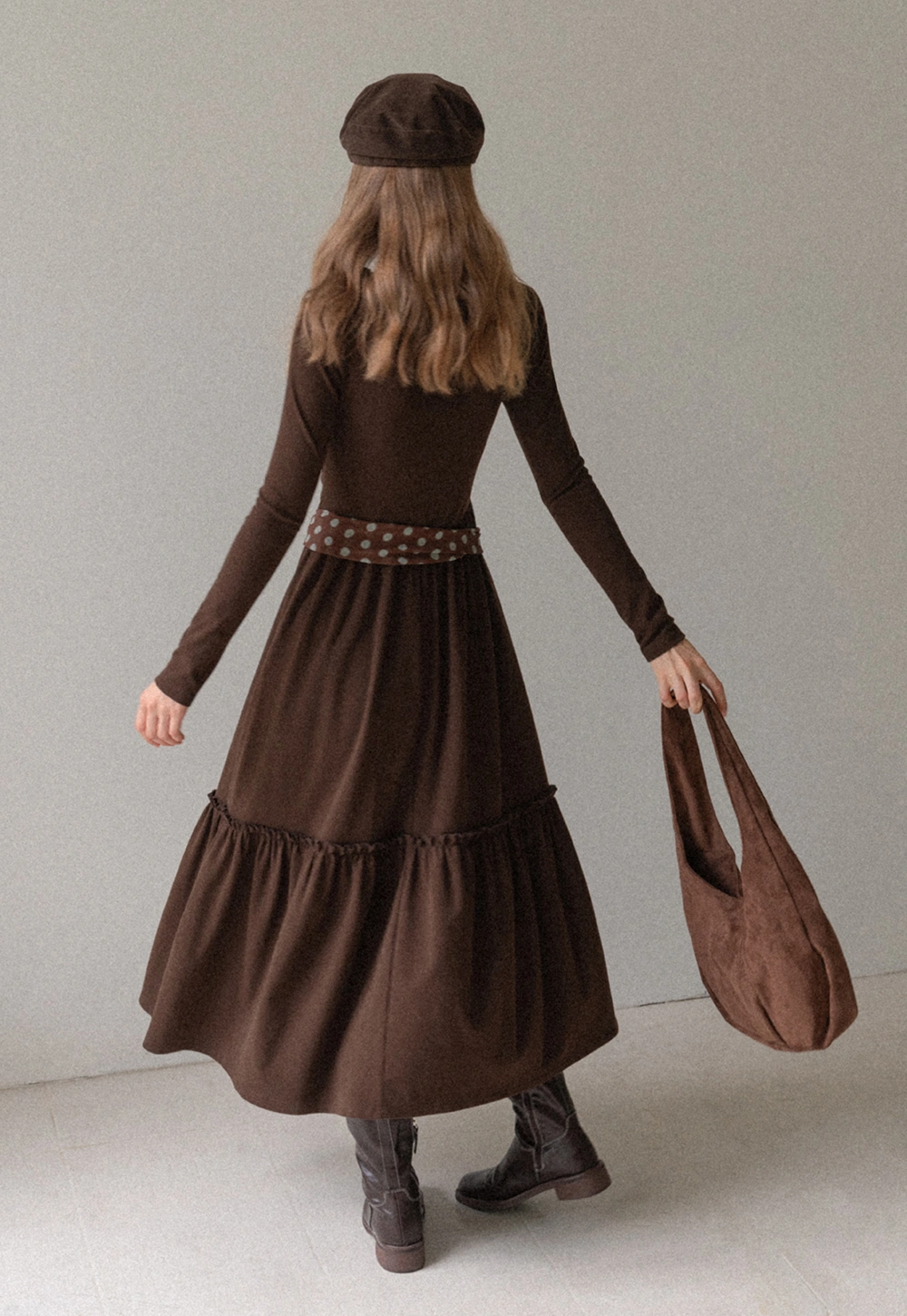 Women Long Sleeve Ruffle Neck Vintage Maxi Dress