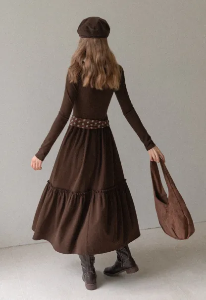 Women Long Sleeve Ruffle Neck Vintage Maxi Dress