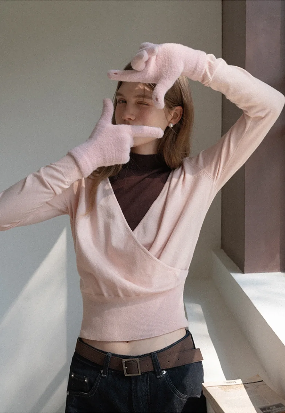 V Neck Wrap Knit Top and Sleeveless Vest Set