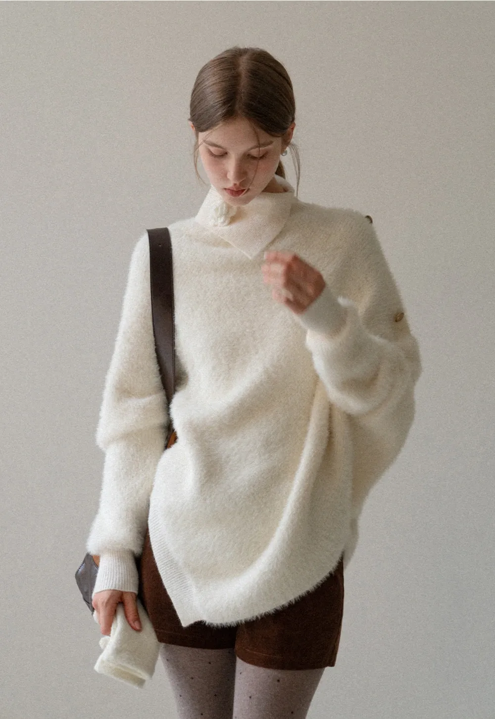 Cozy White Turtleneck Sweater Women Fuzzy Knit Top