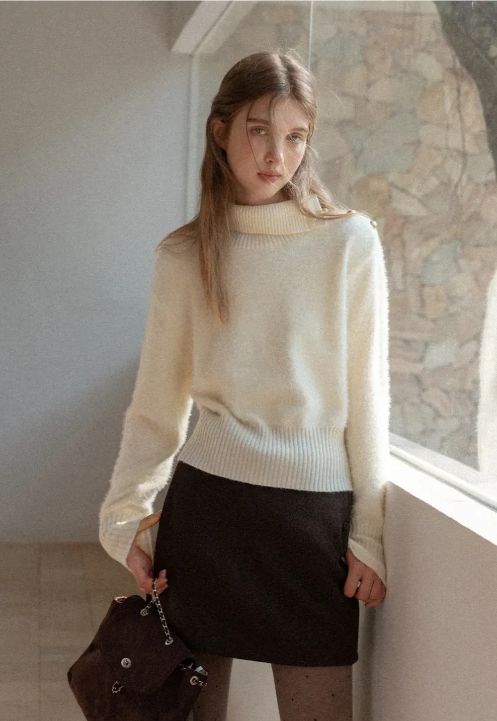 Button Shoulder Turtleneck Sweater