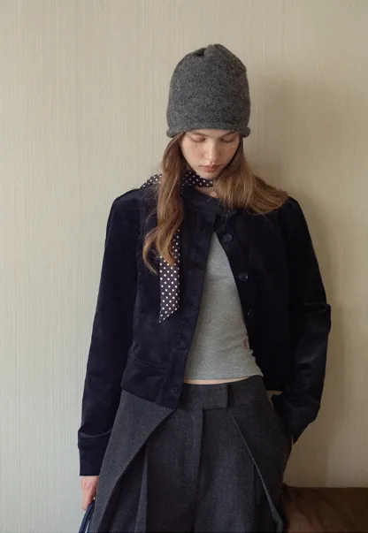 Elegant Corduroy Round Neck Short Coat Women