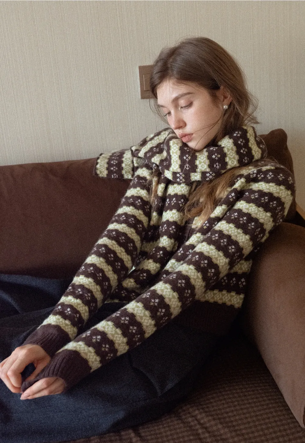 Women Warm Knit Cardigan Set Vintage Striped Style