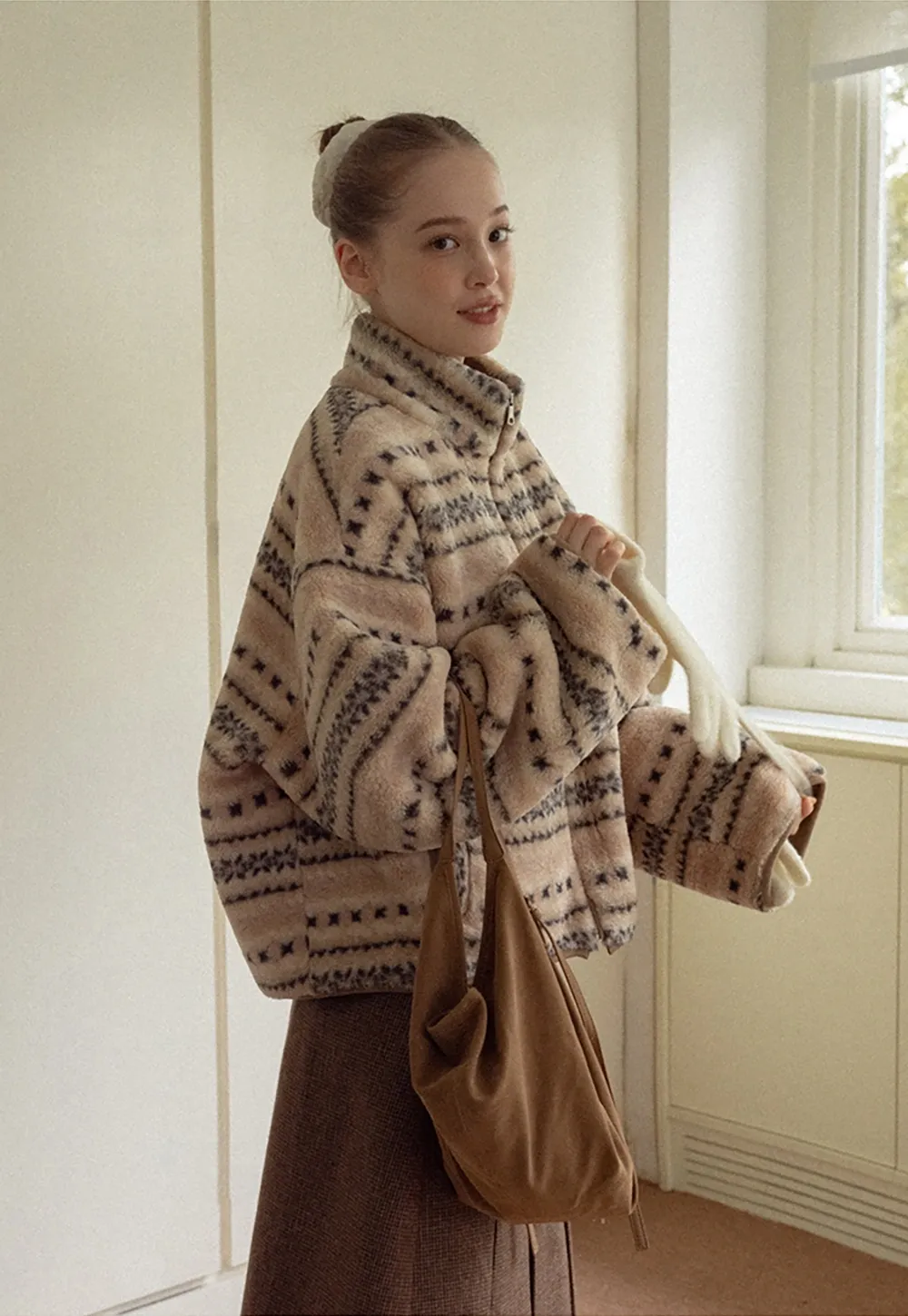 Women Vintage Fleece Jacket Striped Warm Outerwear