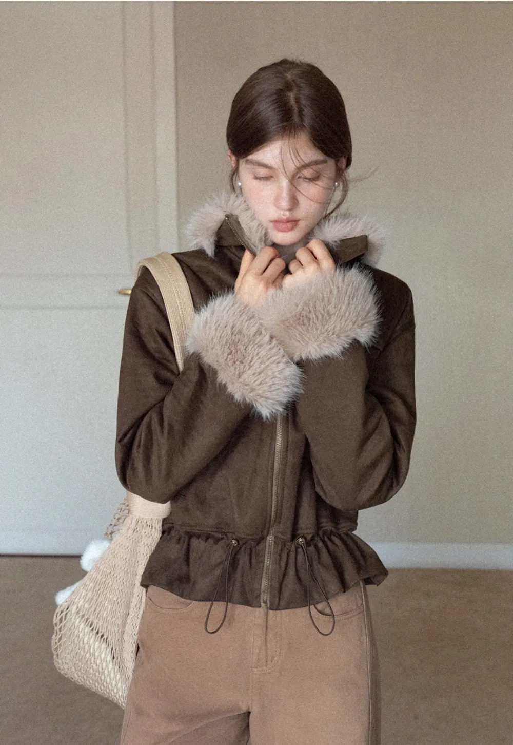 Women Faux Suede Fur Trim Short Winter Jacket