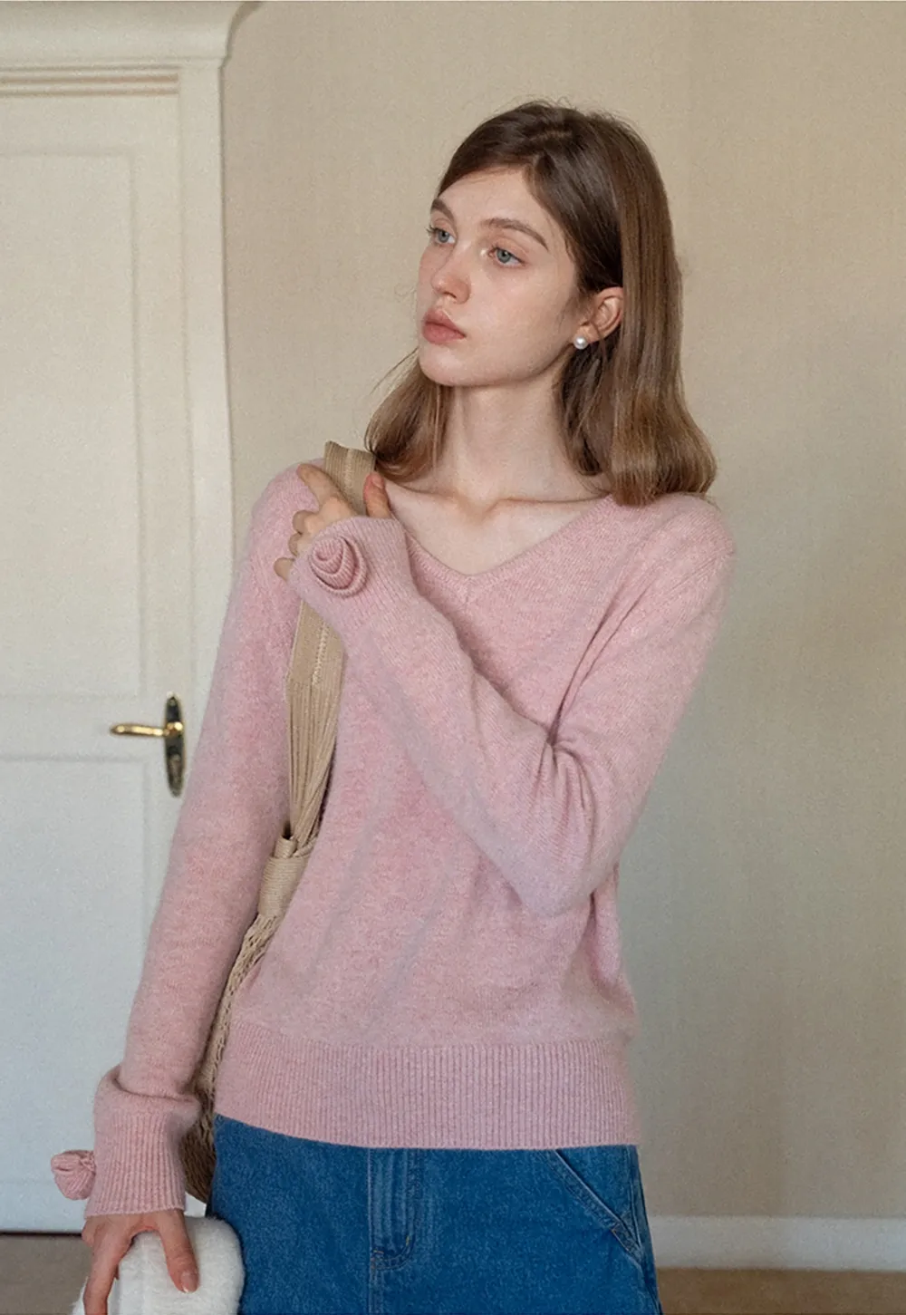 Women V-Neck Knit Sweater with Bow Cuff Detail