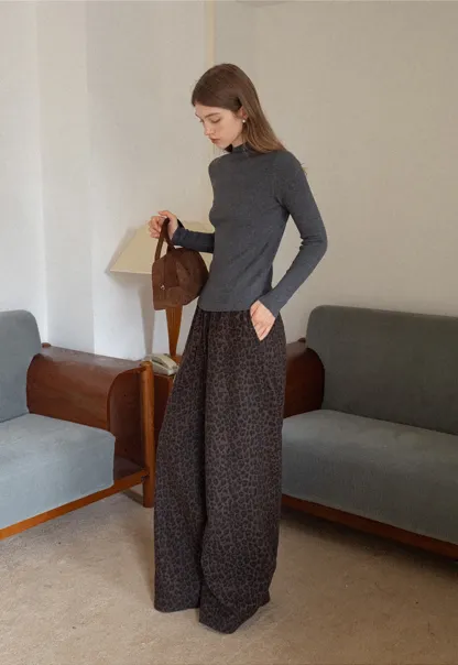 Women Leopard Print Wide-Leg Pants with Drawstring Waist