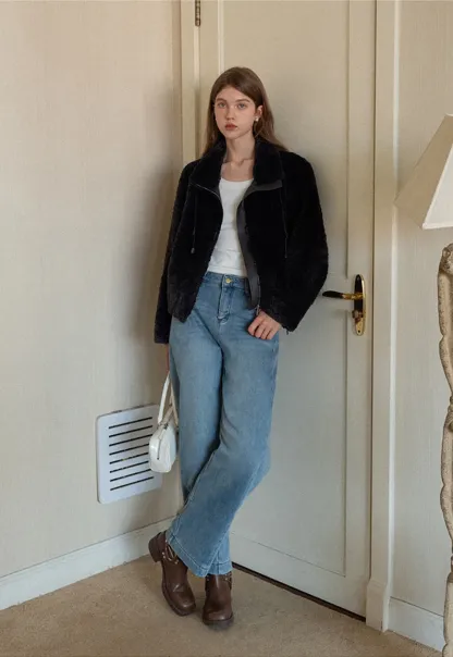 Womens Oversized Stand Collar Faux Leather and Sherpa Jacket