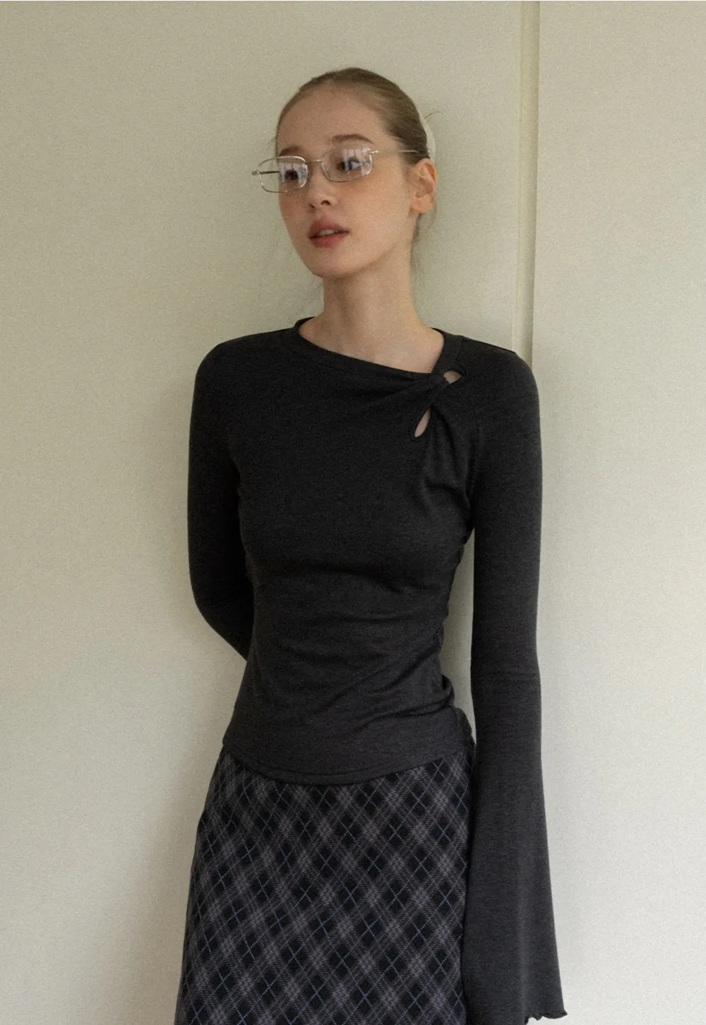 Women Gray Knot Detail Long Sleeve Top