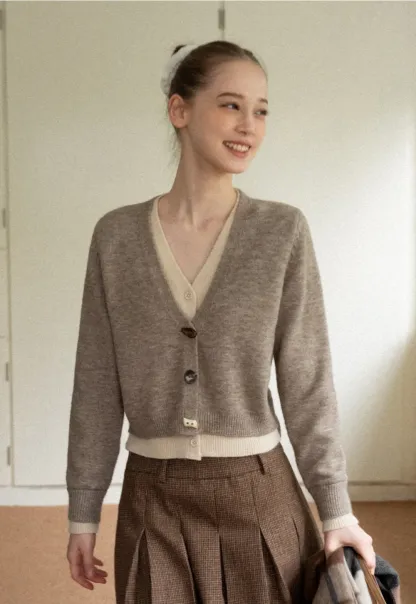 Contrast Trim Button-Up Knit Cardigan