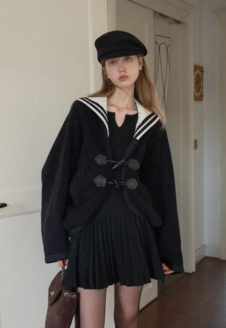 Black Pleated Dress with Bell Sleeves for Women