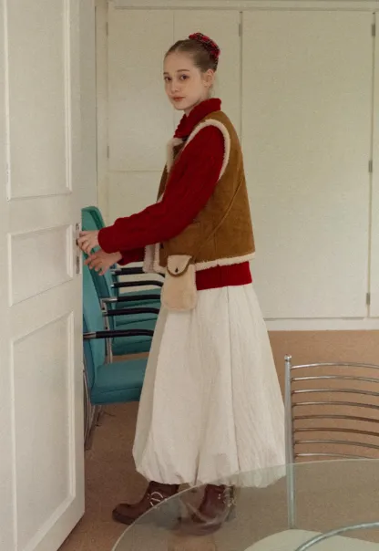 Women Brown Suede Shearling Vest with Warm Fleece Lining