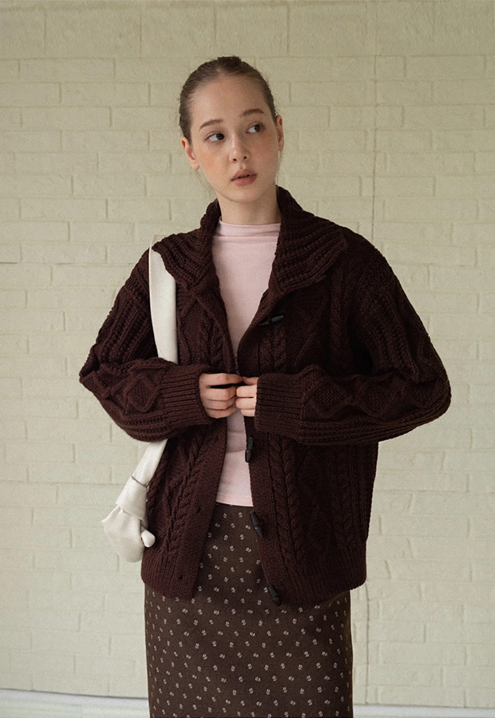 Loose Fit Turtleneck Sweater Cardigan with Cable Knit and Toggle Closure