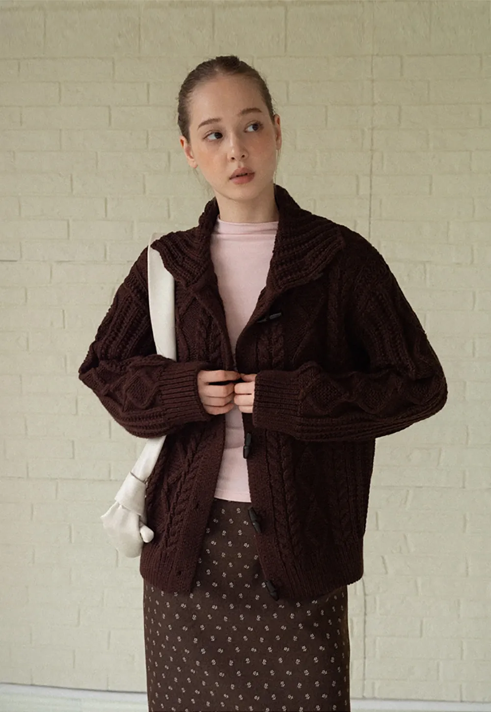 Loose Fit Turtleneck Sweater Cardigan with Cable Knit and Toggle Closure