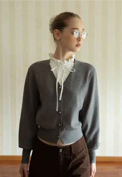 Women V-Neck Cardigan with Puff Long Sleeves