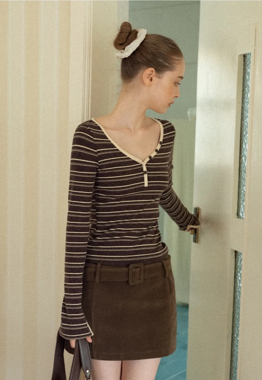 Women Striped Long Sleeve V-Neck Top