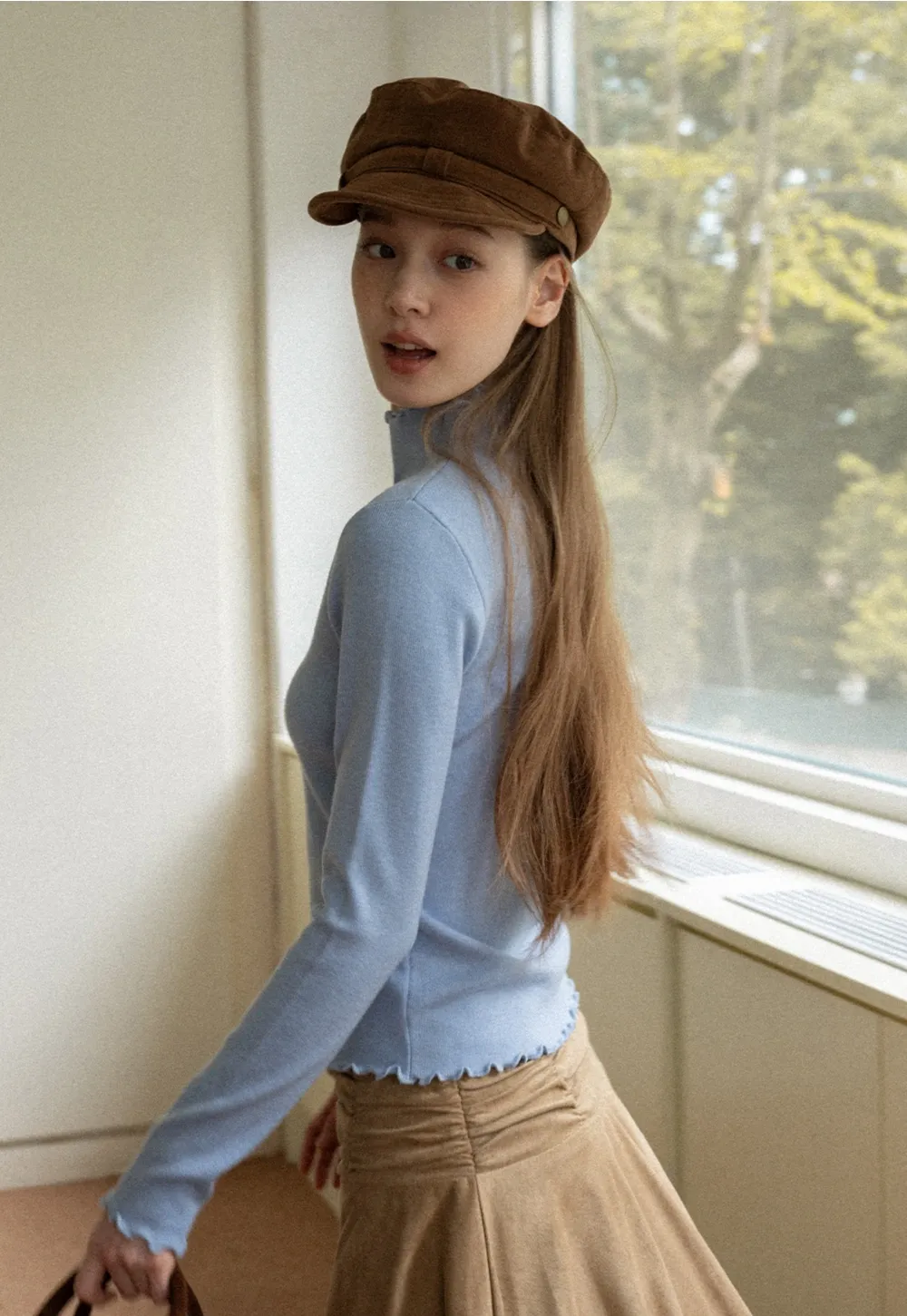 Chic Light Blue Ruffle Trim Turtleneck Sweater