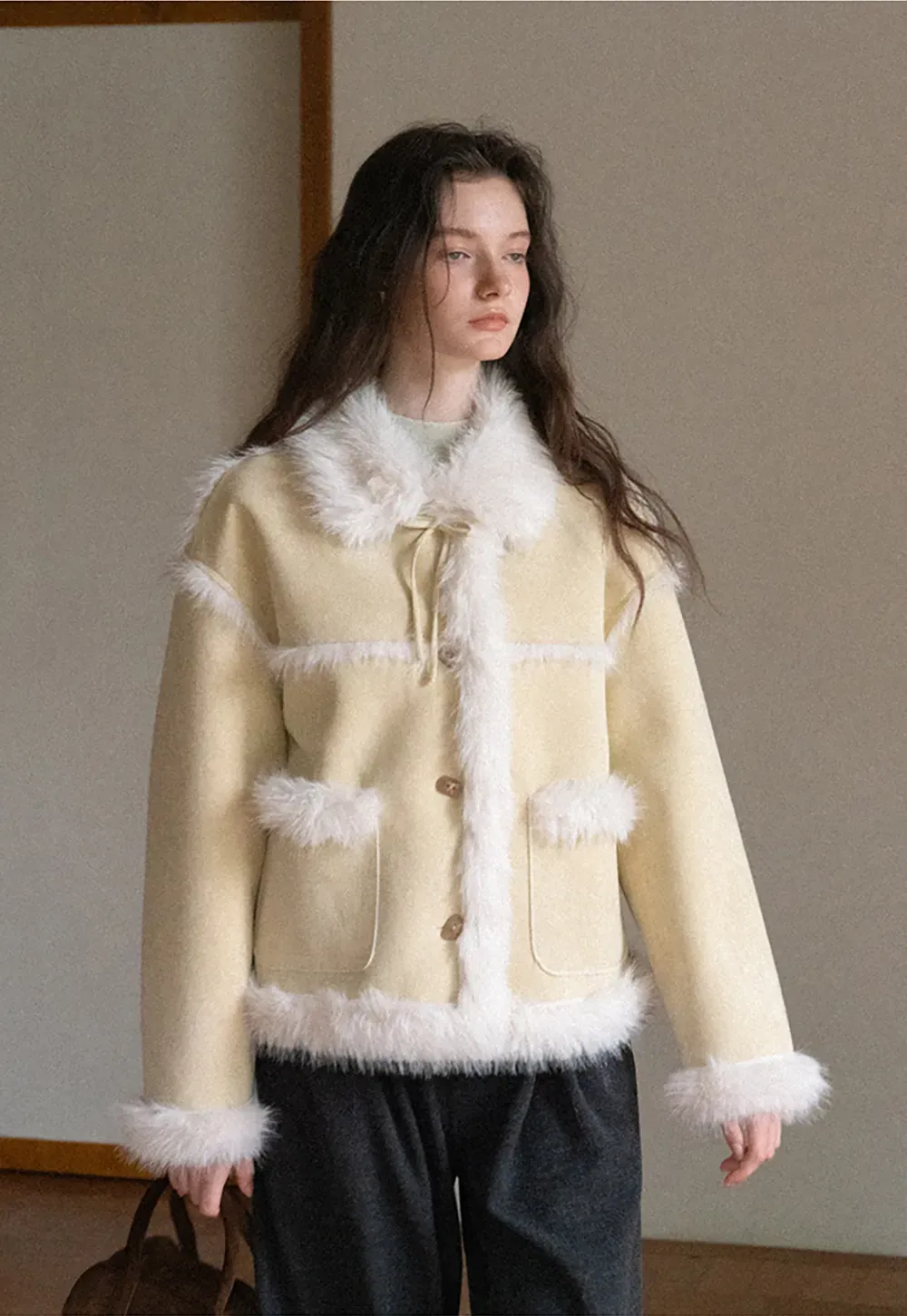 Faux Suede Jacket with Faux Fur Trim