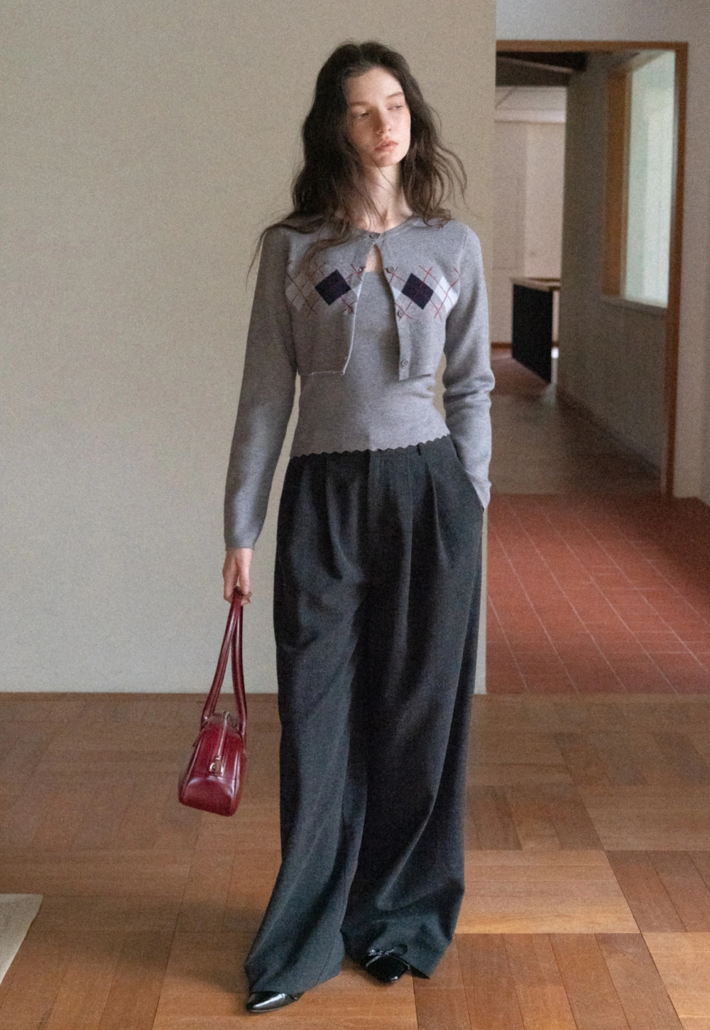 Women Red Tank Top and Argyle Cardigan Set