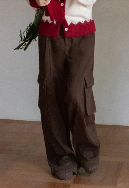 Women Brown Wide-Leg Cargo Pants with Pockets