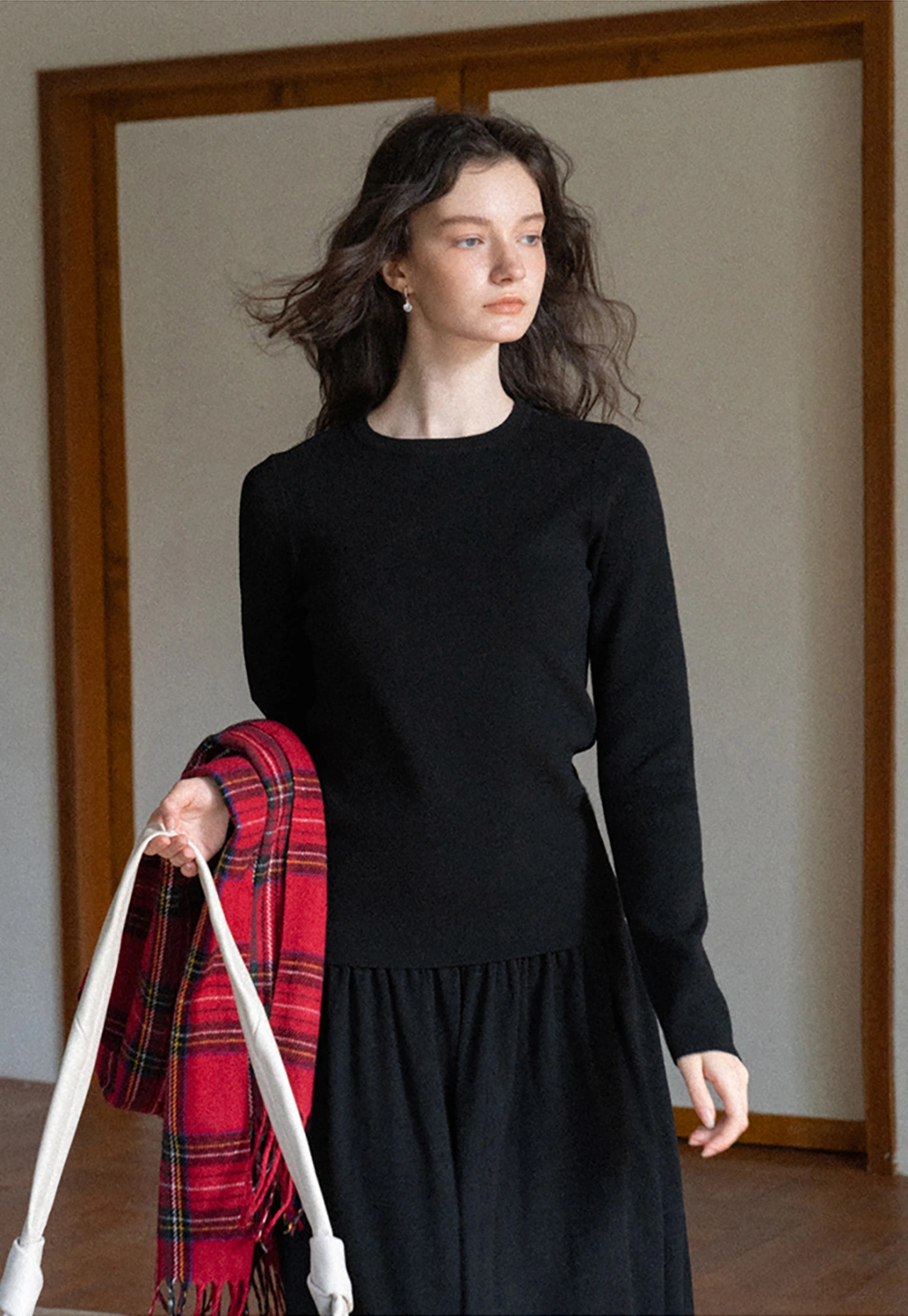 Women Black Long Sleeve Top and High-Waisted Skirt Set