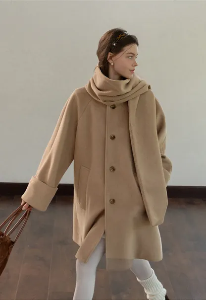 Women Wool Coat with Attached Scarf