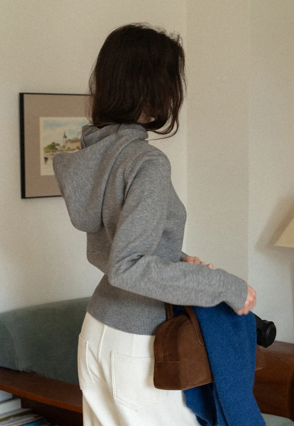 Fashionable Grey Sweater with Hood and Ribbed Trim