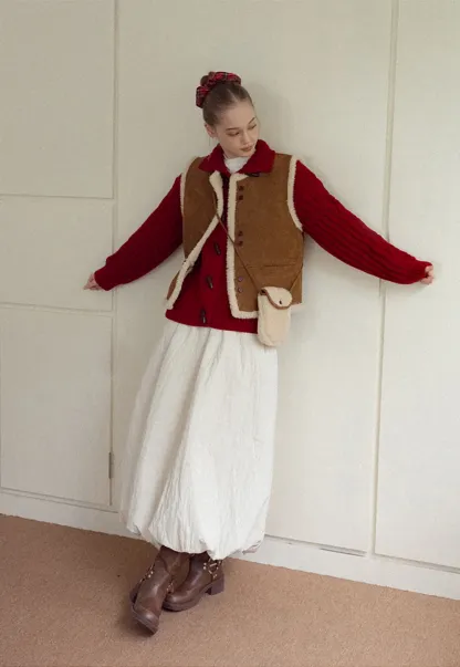 Elastic Waist Textured Puff Midi Skirt