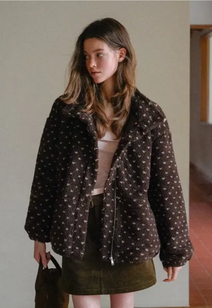 Women Cozy Fleece Jacket with Cute Heart Pattern