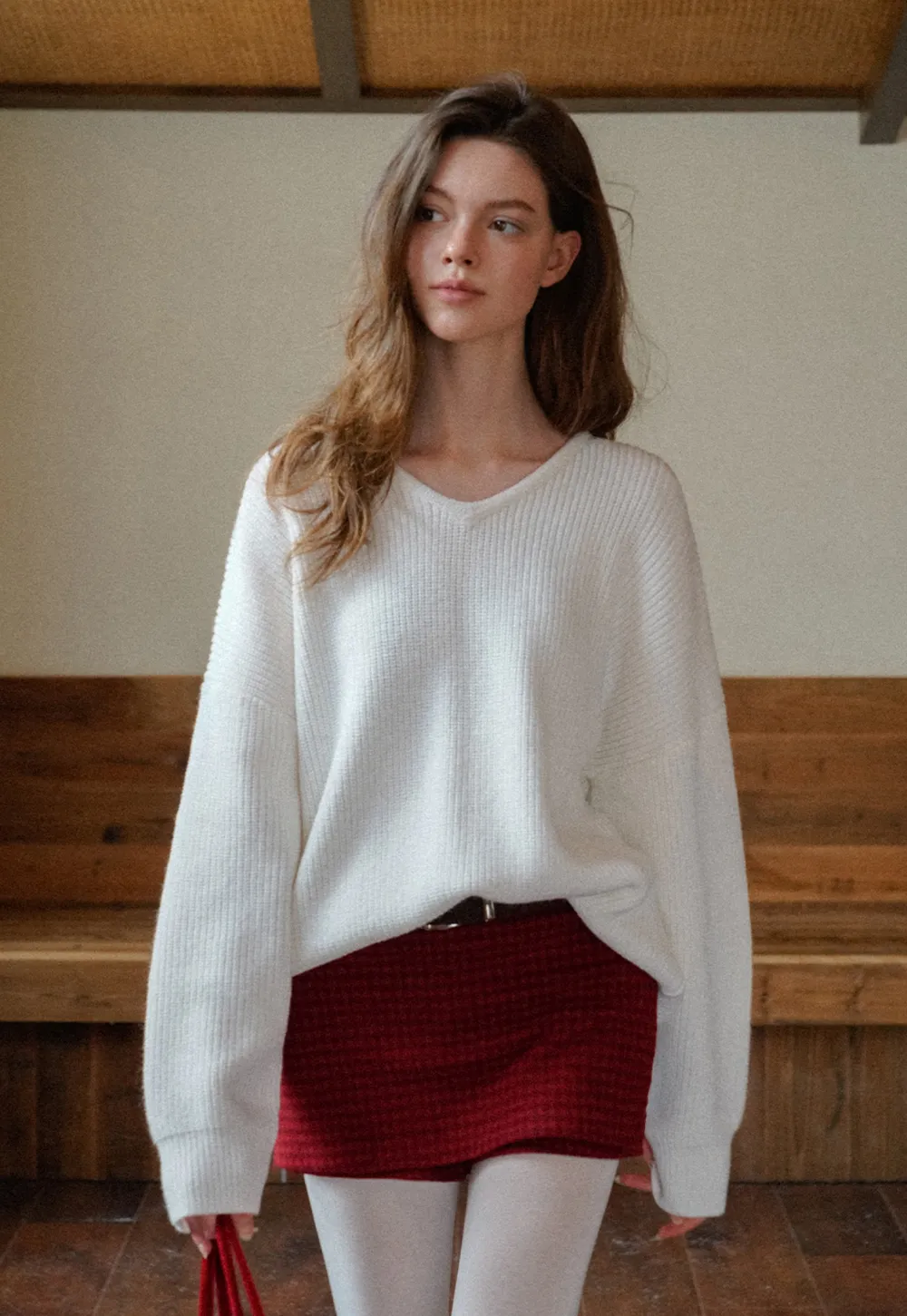 Ribbed V-Neck Knit Sweater