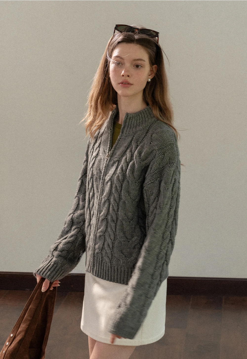 Stand-Collar Cable Zip Sweater