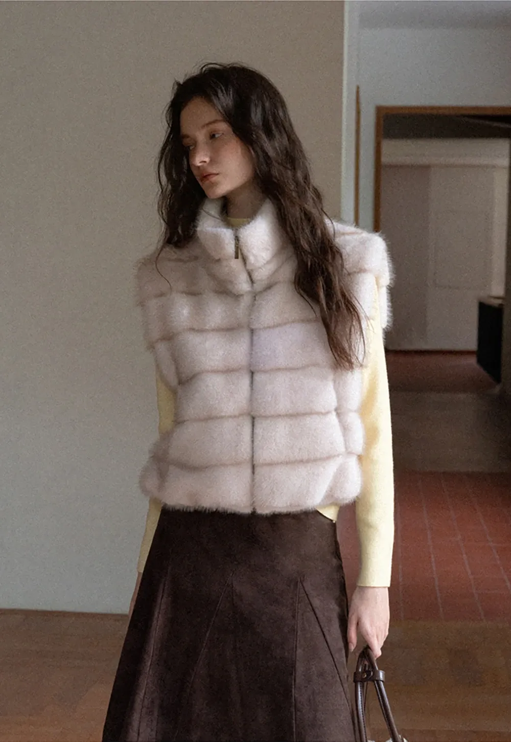 Layered Fuzzy Stand-Collar Vest