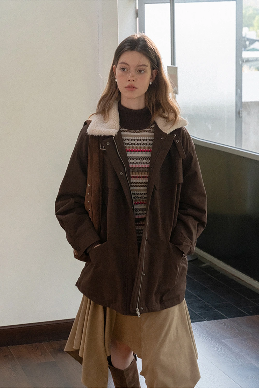 Knitted Turtleneck Top with Colorful Nordic Stripes